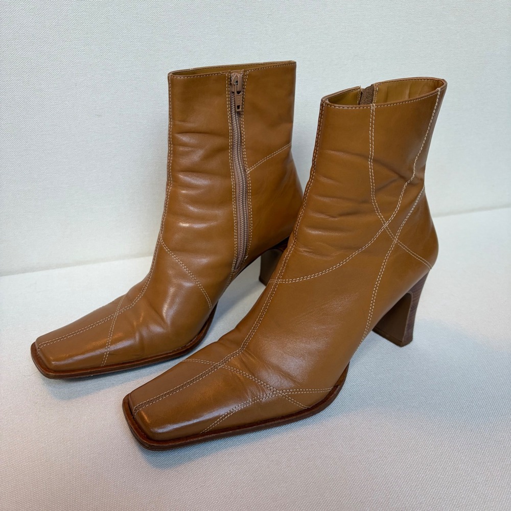 Maripe Leather Ankle Boots 9M Tan Good Square Toe Block Heel Contrast Stitch